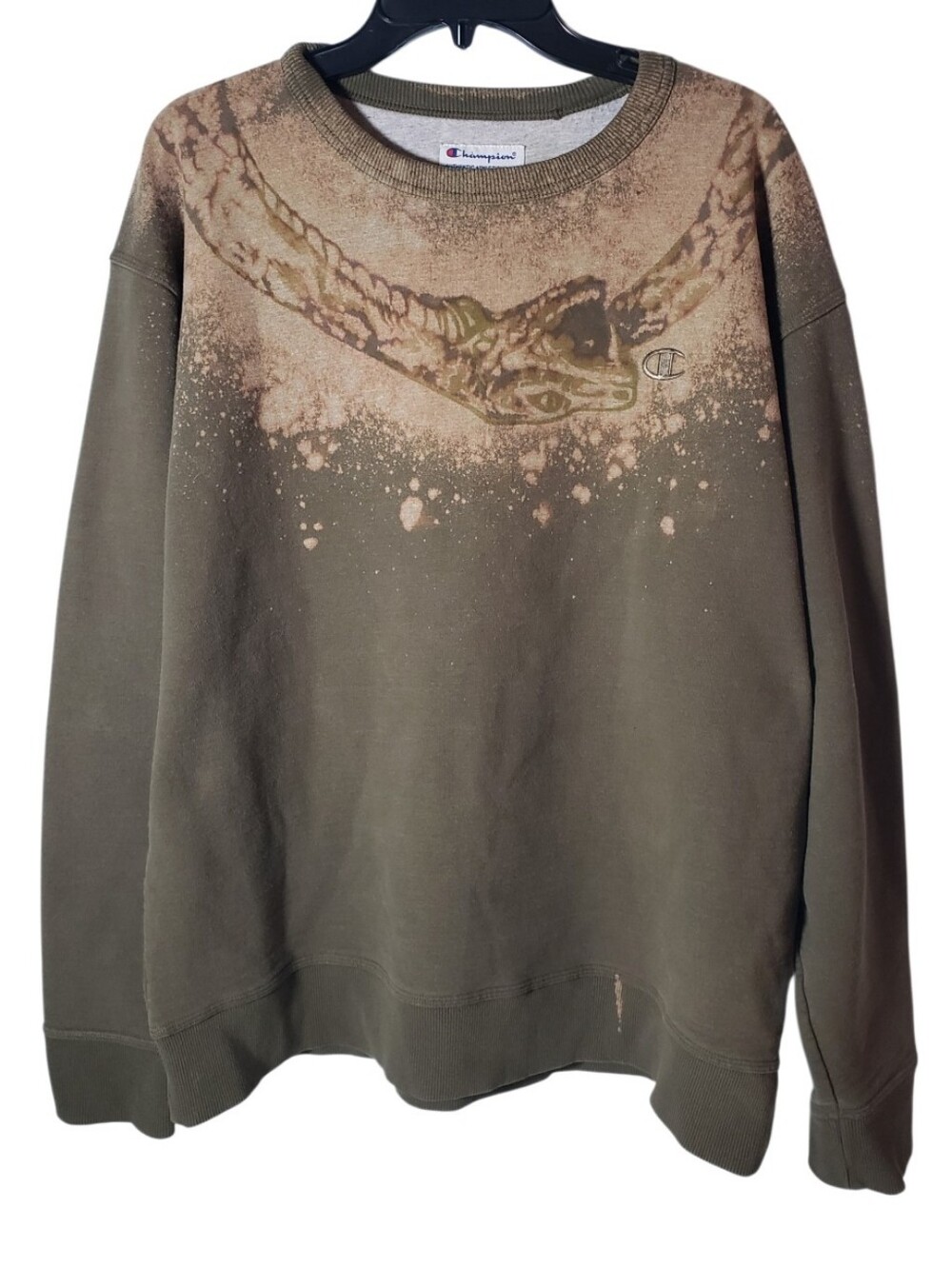 Upcycled Bleach Print Champion Olive Green Sweatshirt XL Snake Around Crewneck